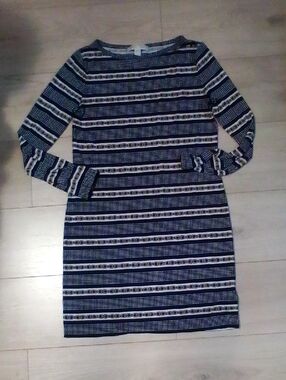 MICHAEL Michael Kors Navy and White Long Sleeve Striped Sheath Dress
